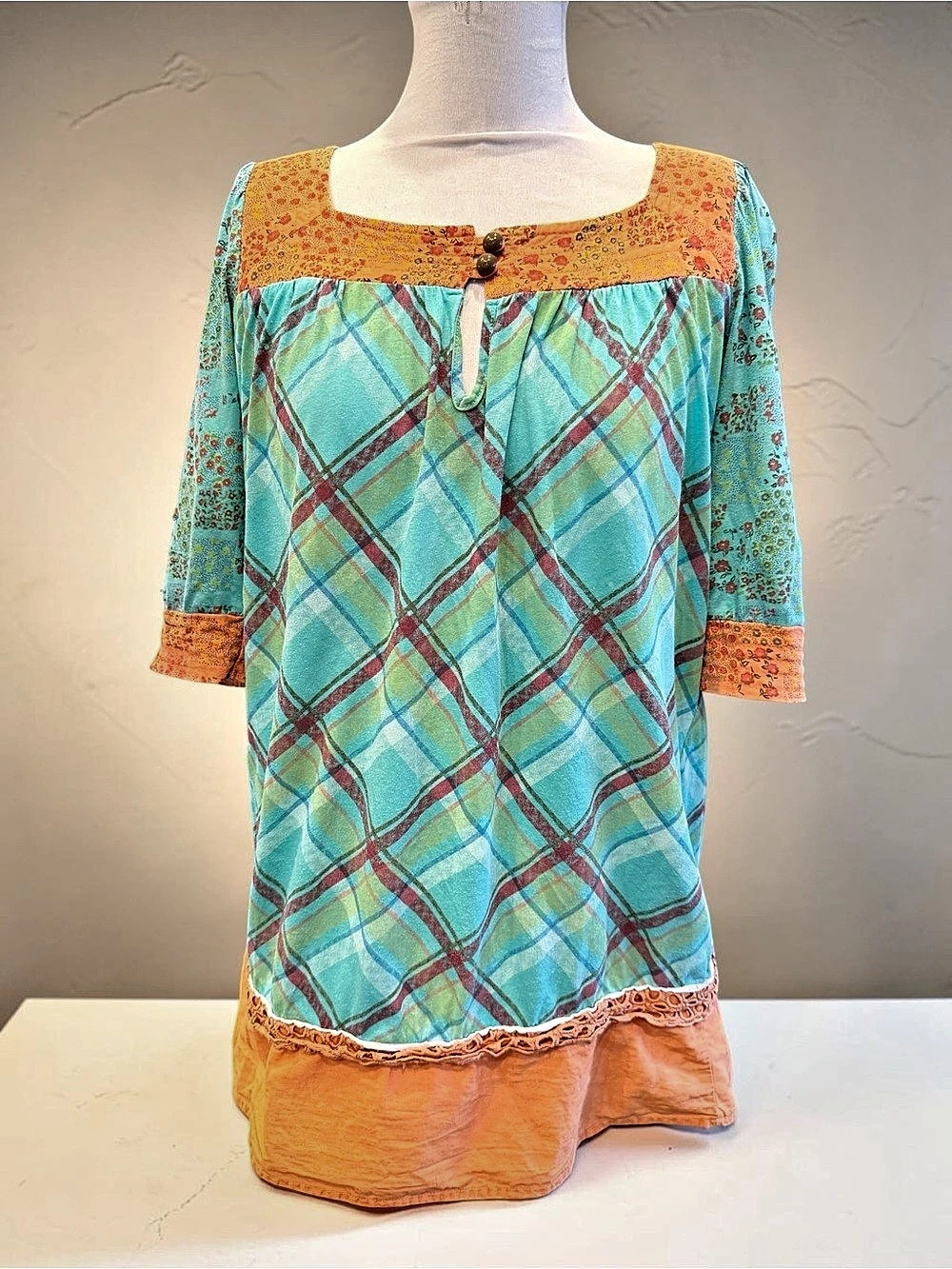 Sundress Scrapebook Originals Plaid Midi Dress Sz S 3/4 Sleeve Boho Chic Festive